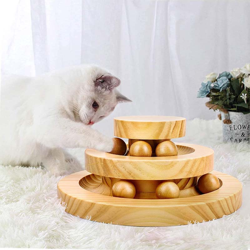 Interactive Wooden Cat Ball Track Tower Toy