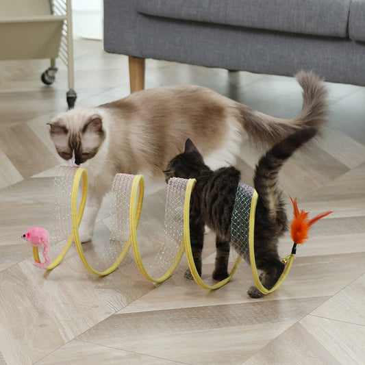 Spiral Cat Tunnel Toy with Feather & Mouse Teaser