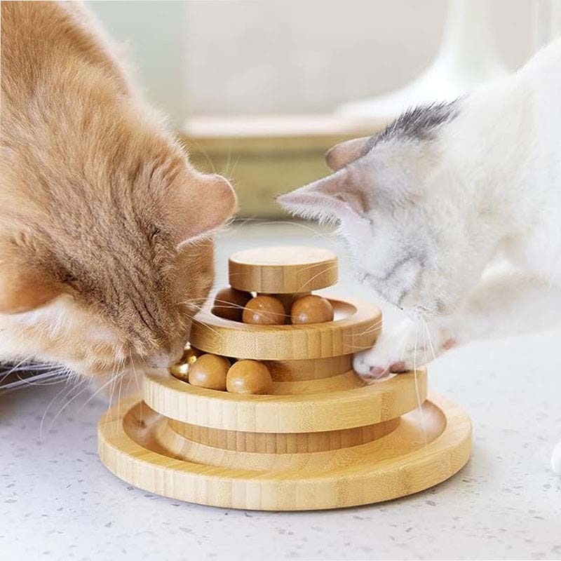 Interactive Wooden Cat Ball Track Tower Toy