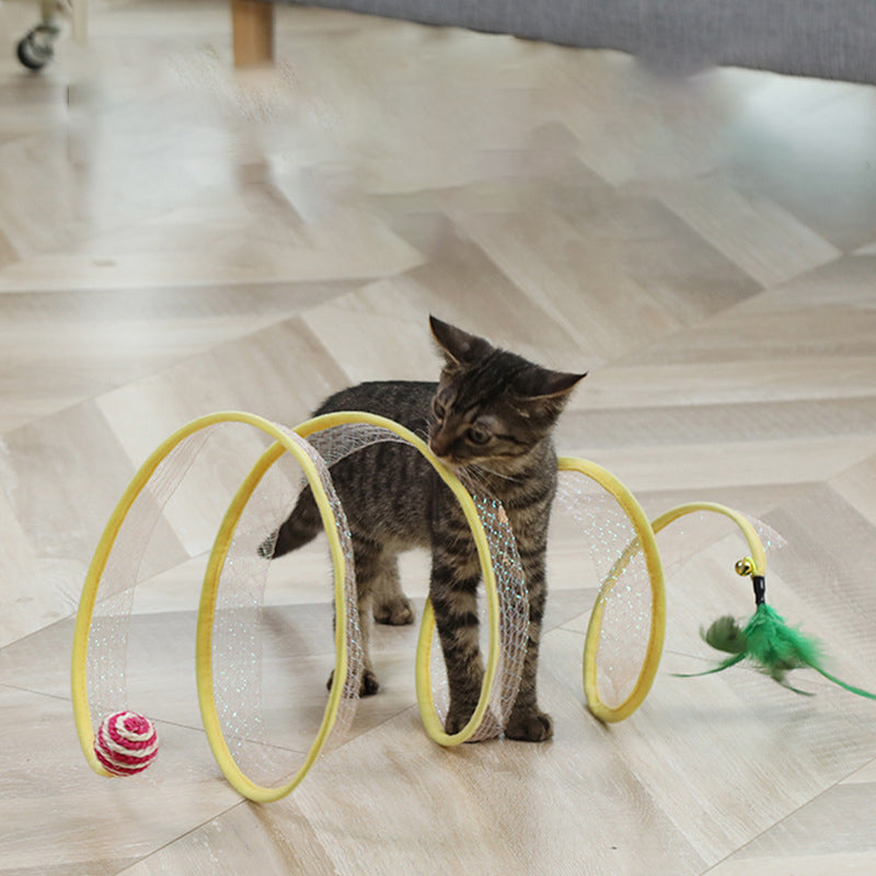 Spiral Cat Tunnel Toy with Feather & Mouse Teaser