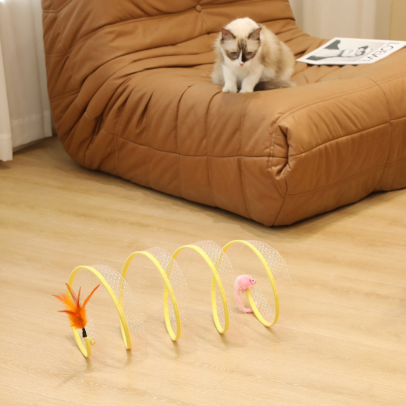 Spiral Cat Tunnel Toy with Feather & Mouse Teaser
