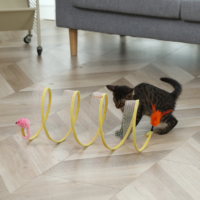 Spiral Cat Tunnel Toy with Feather & Mouse Teaser