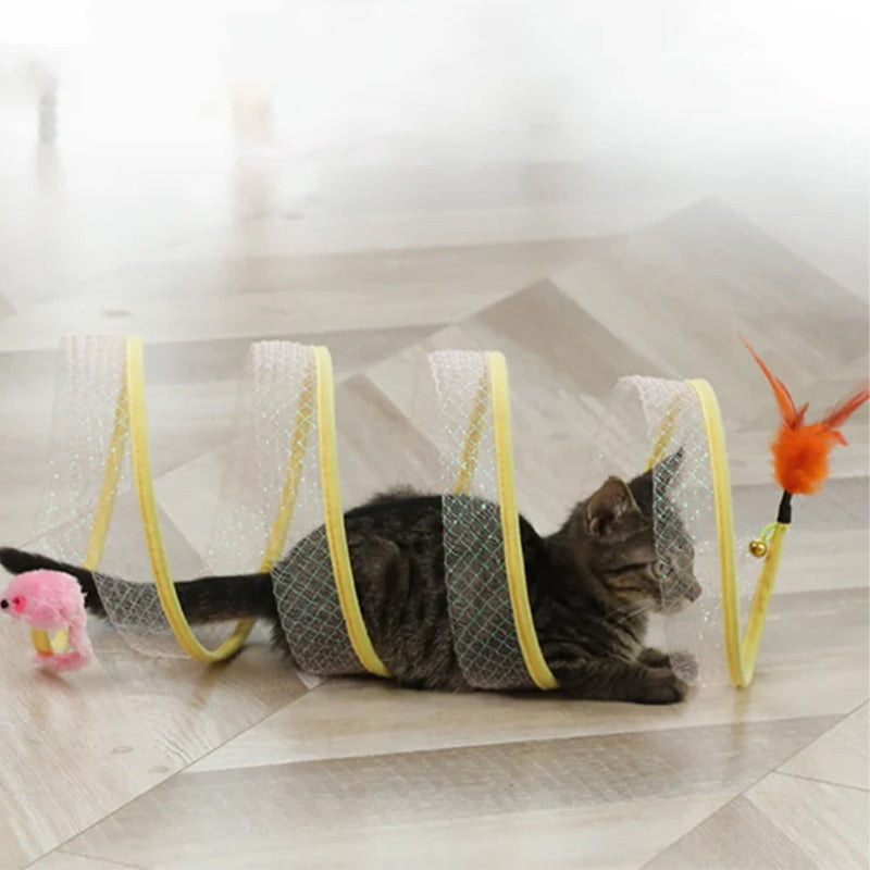 Spiral Cat Tunnel Toy with Feather & Mouse Teaser