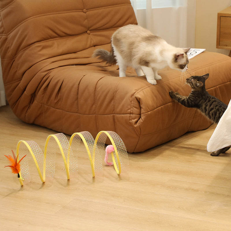 Spiral Cat Tunnel Toy with Feather & Mouse Teaser