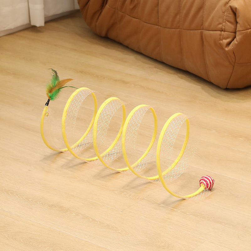 Spiral Cat Tunnel Toy with Feather & Mouse Teaser