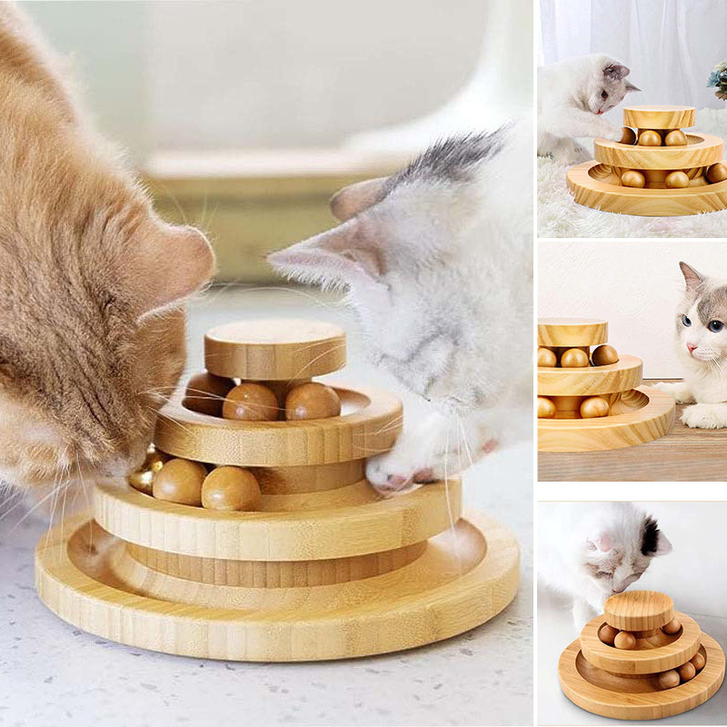 Interactive Wooden Cat Ball Track Tower Toy